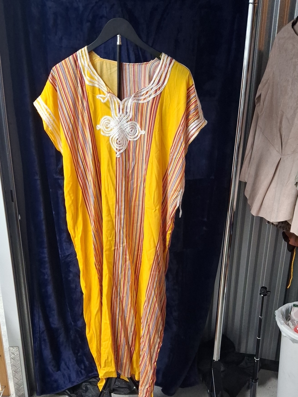 Yellow Striped Embroidered Caftan Dress